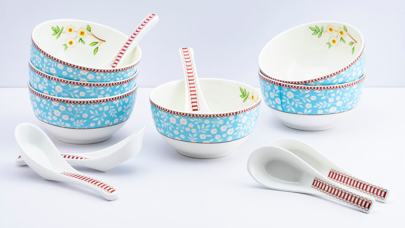 Little birdie soup set (Blue) - Set of 6 bowls & 6 spoons