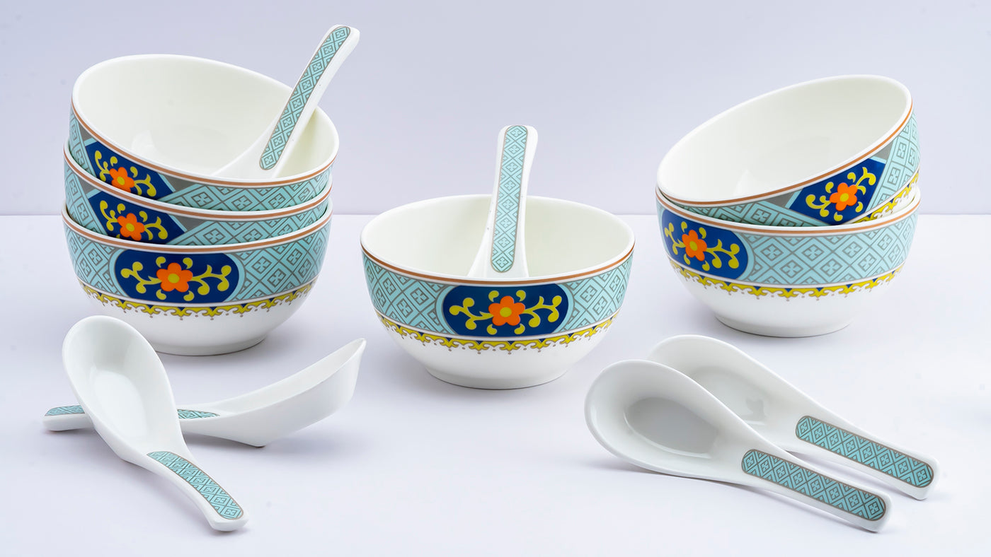 Pagoda soup set - Set of 6 bowls & 6 spoons