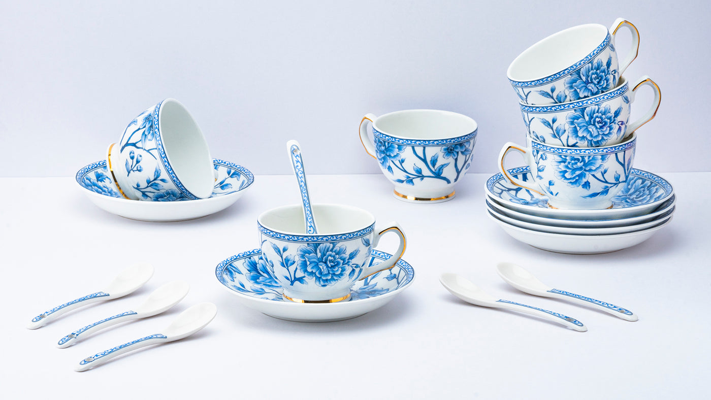 Sapphire Bloom Cup & Saucer Set | 6 Cups, 6 Saucers & 6 Spoons | 170 ml