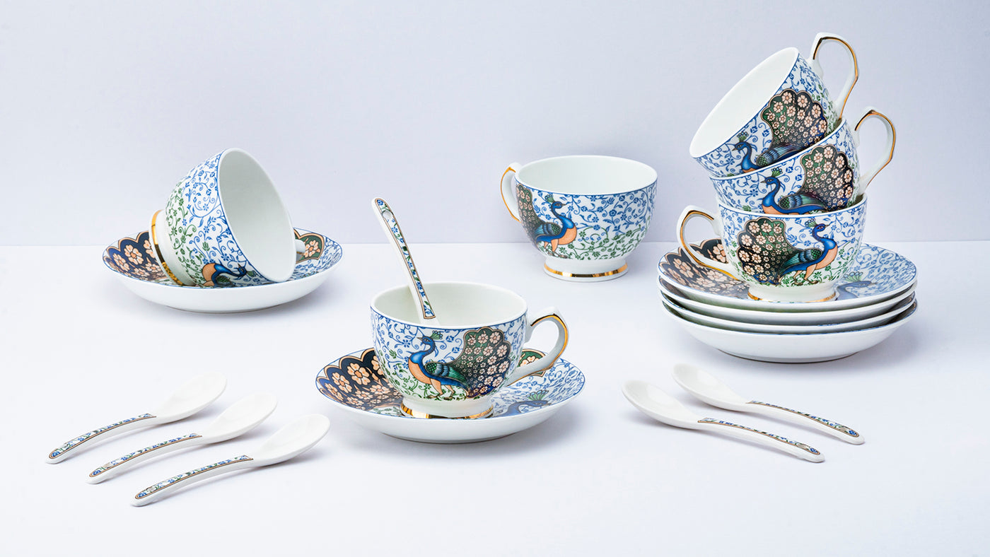 Indian Peafowl Cup & Saucer Set | 6 Cups, 6 Saucers & 6 Spoons