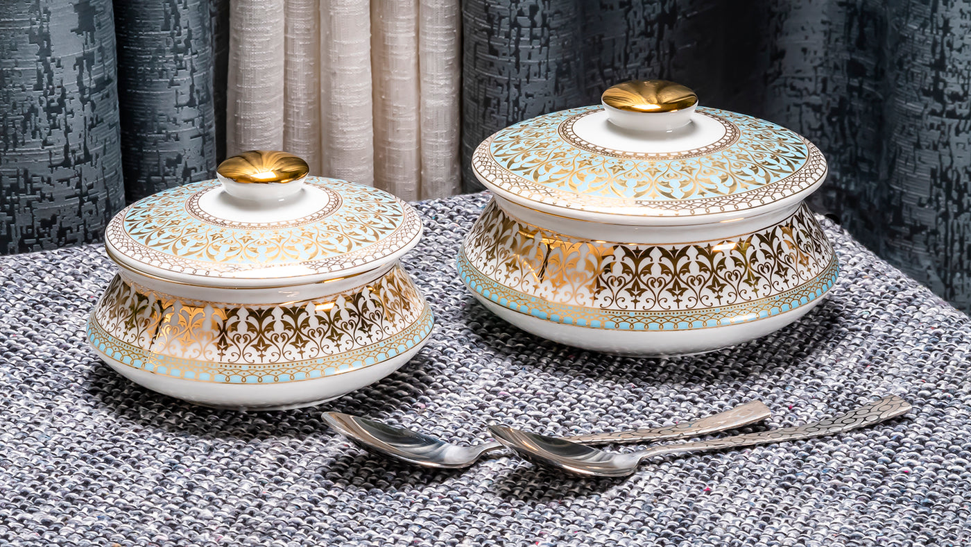 Gold filigree en aqua handi with lid - Set of 2