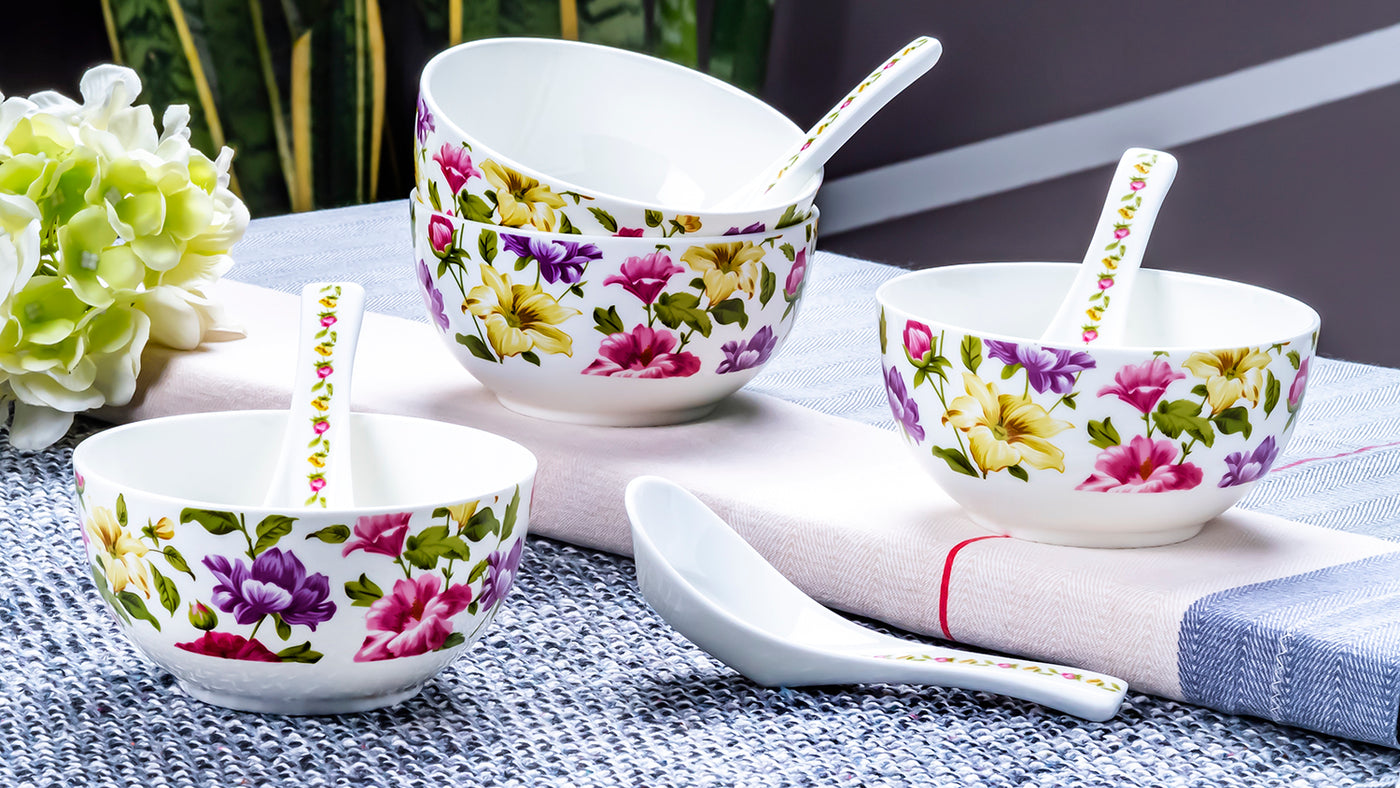 Floral harmony soup set - Set of 6 bowls & 6 spoons