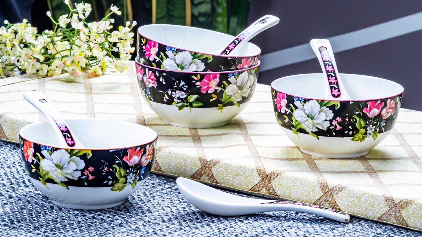 Garden splendor soup set (Black) - Set of 6 bowls & 6 spoons