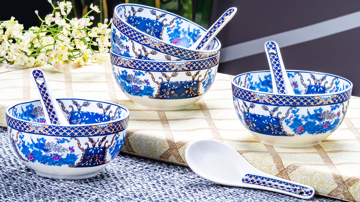 Twin blue peacocks soup set - Set of 6 bowls & 6 spoons