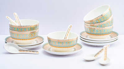 Gold filigree en aqua soup set - Set of 6 bowls, 6 spoons & 6 saucers