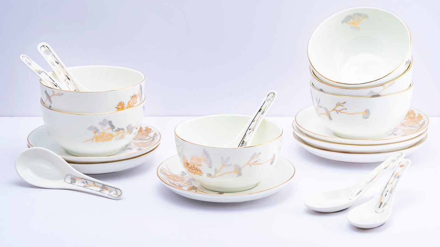 Baby's breath soup set - Set of 6 bowls, 6 spoons & 6 saucers