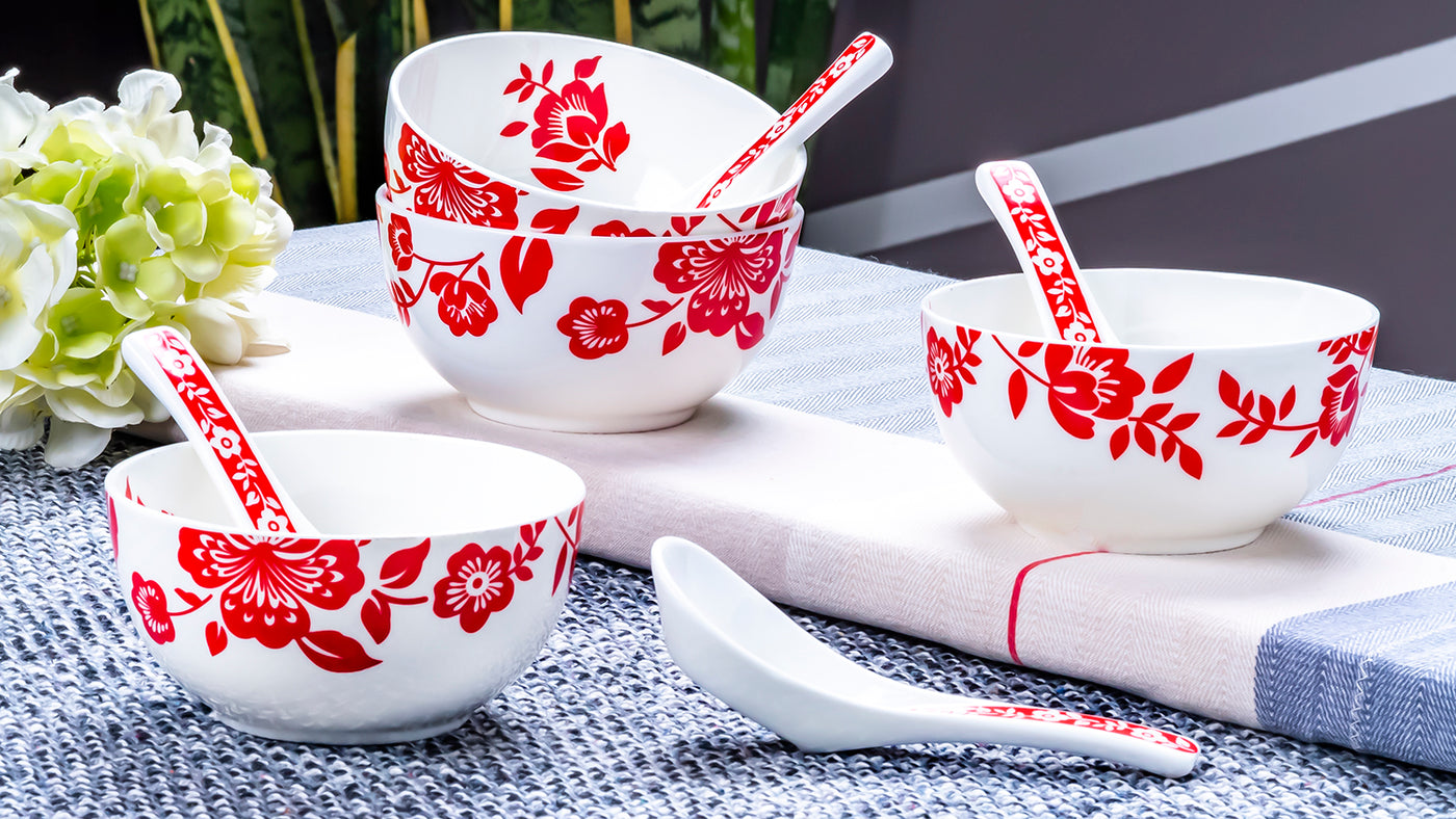 Red floral symphony soup set - Set of 6 bowls & 6 spoons