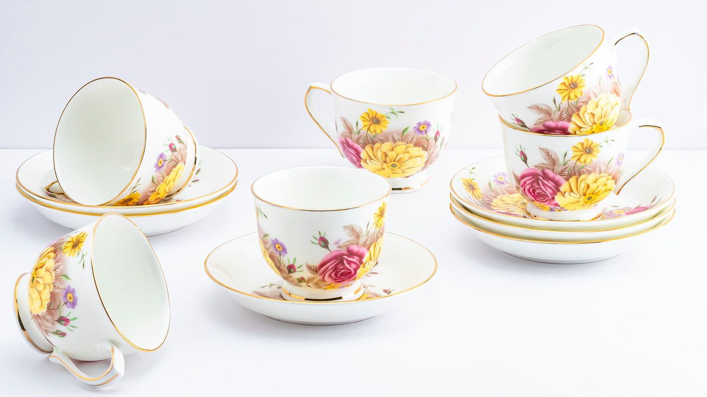 English Floral Cup & Saucer Set | 6 Cups & 6 Saucers | 170 ml