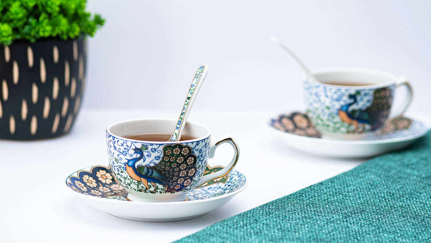 Indian Peafowl Cup & Saucer Set | 6 Cups, 6 Saucers & 6 Spoons