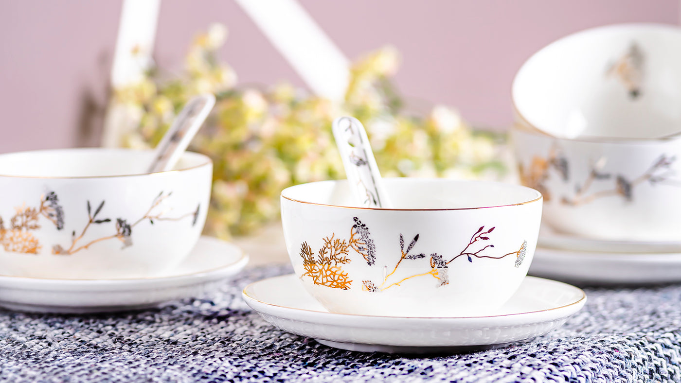 Baby's breath soup set - Set of 6 bowls, 6 spoons & 6 saucers