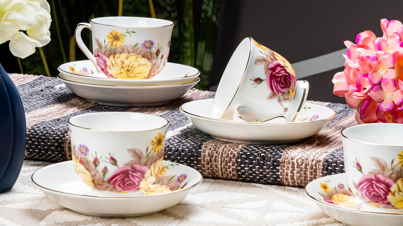 English Floral Cup & Saucer Set | 6 Cups & 6 Saucers | 170 ml